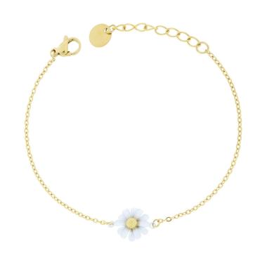 Bracciale Catena Forzatina Diamantata con Fiore Smalto Bianco in ACCIAIO colore Oro<BR>