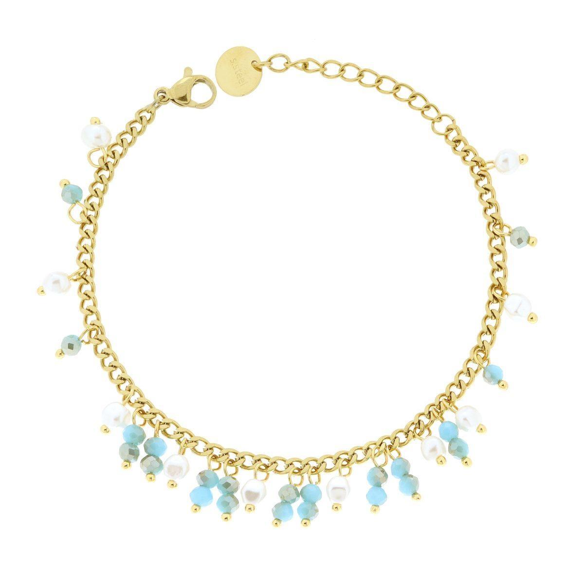 Bracciale Catena Grumetta con Perle Bianche e Crystal Turchese in ACCIAIO colore Oro<BR>