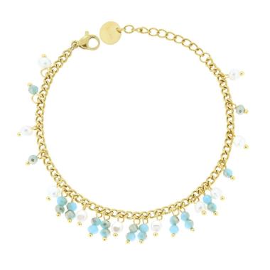 Bracciale Catena Grumetta con Perle Bianche e Crystal Turchese in ACCIAIO colore Oro<BR>