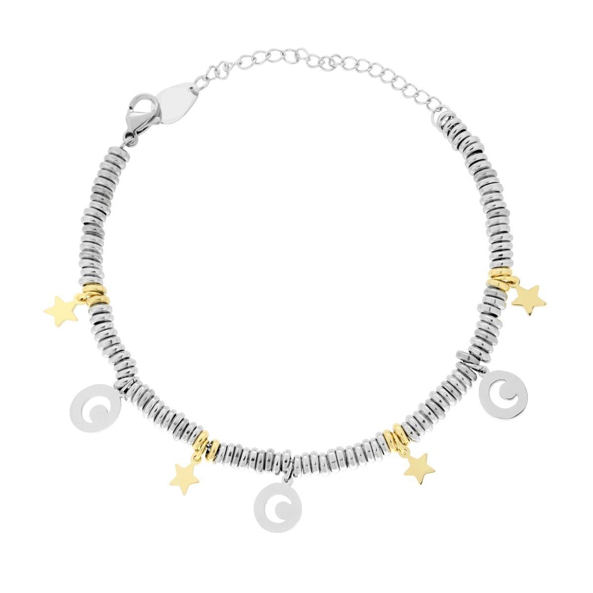 Bracciale Catena con Anelli Luna e Stelle colore oro pendenti in ACCIAIO<BR>