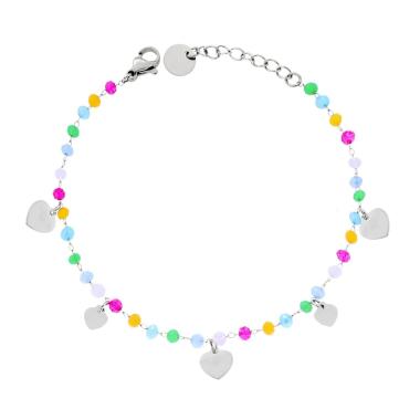 Bracciale Catena con Crystal Multicolor Pastello e Cuori plain pendenti in ACCIAIO<BR>