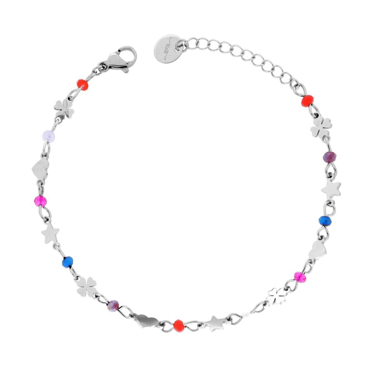 Bracciale Catena con Cuori Stelle Quadrifogli plain alternati a Crystal Multicolor in ACCIAIO <BR>