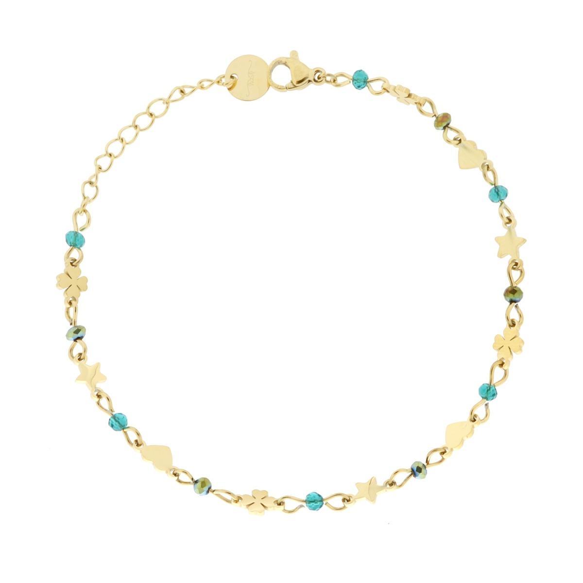 Bracciale Catena con Cuori Stelle Quadrifogli plain alternati a Crystal Verdi in ACCIAIO colore Oro<BR>