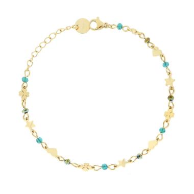 Bracciale Catena con Cuori Stelle Quadrifogli plain alternati a Crystal Verdi in ACCIAIO colore Oro<BR>