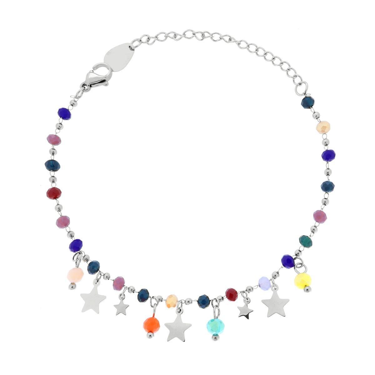 Bracciale Catena con Crystal Multicolor e Stelle plain pendenti in ACCIAIO <BR>