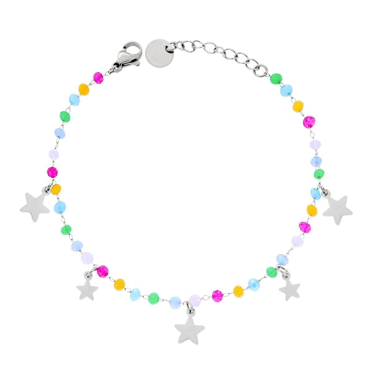 Bracciale Catena con Crystal Multicolor Pastello e Stelle plain pendenti in ACCIAIO<BR>
