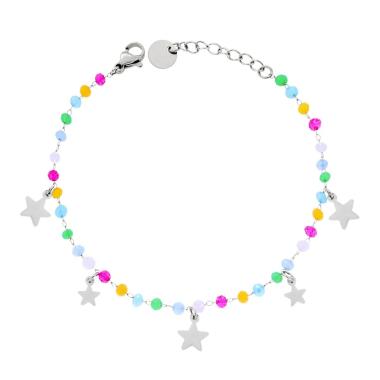 Bracciale Catena con Crystal Multicolor Pastello e Stelle plain pendenti in ACCIAIO<BR>