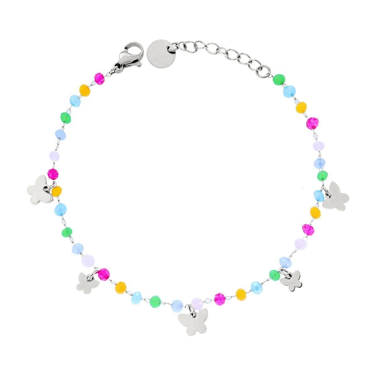 Bracciale Catena con Crystal Multicolor Pastello e Farfalle plain pendenti in ACCIAIO<BR>