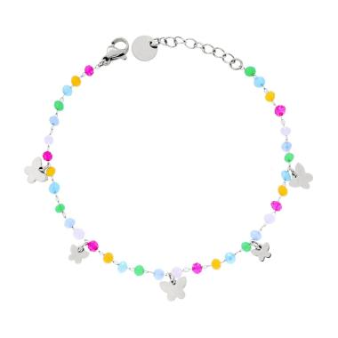 Bracciale Catena con Crystal Multicolor Pastello e Farfalle plain pendenti in ACCIAIO<BR>