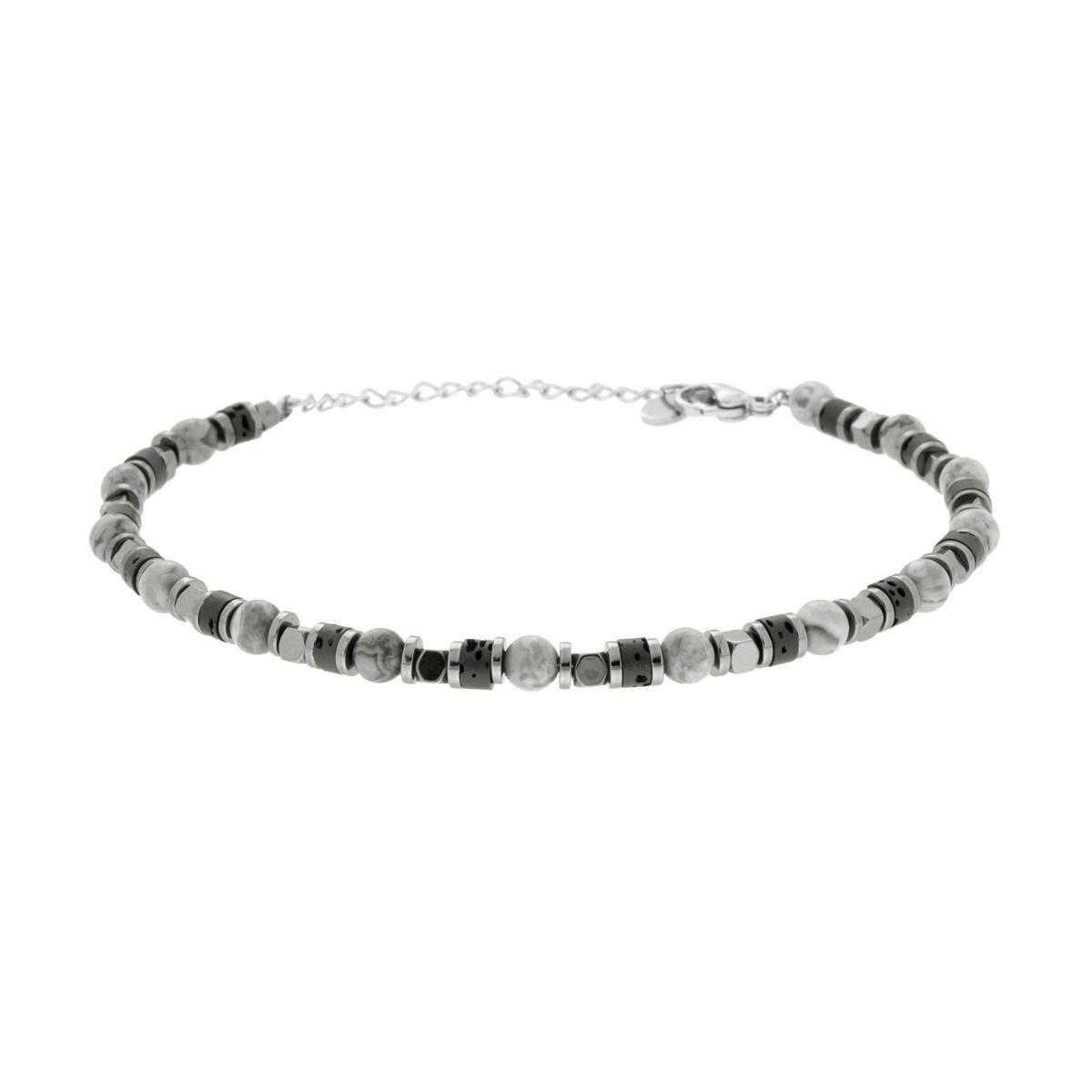 Bracciale Catena con Cubetti Cilindretti e Pietre Grigie in ACCIAIO<BR>