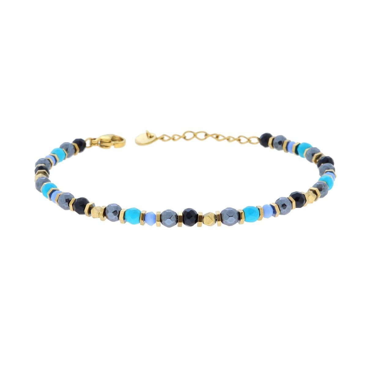Bracciale Catena con Bulloncini alternati a Pietre Turchese e Multicolor in ACCIAIO colore Oro<BR>