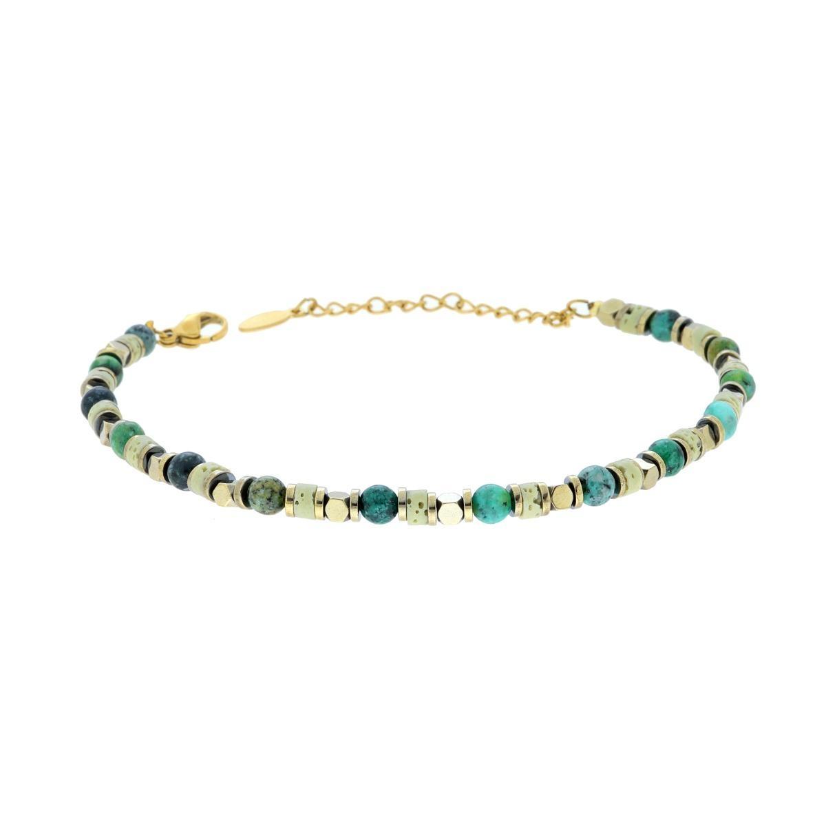 Bracciale Catena con Cubetti Cilindretti e Pietre Verdi in ACCIAIO colore Oro<BR>