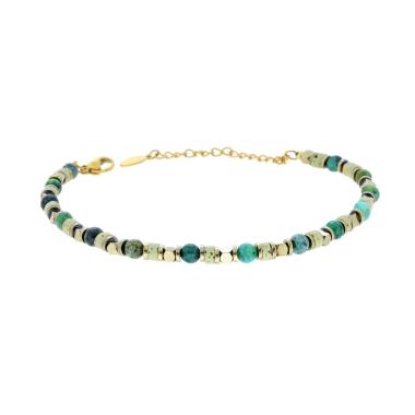 Bracciale Catena con Cubetti Cilindretti e Pietre Verdi in ACCIAIO colore Oro<BR>