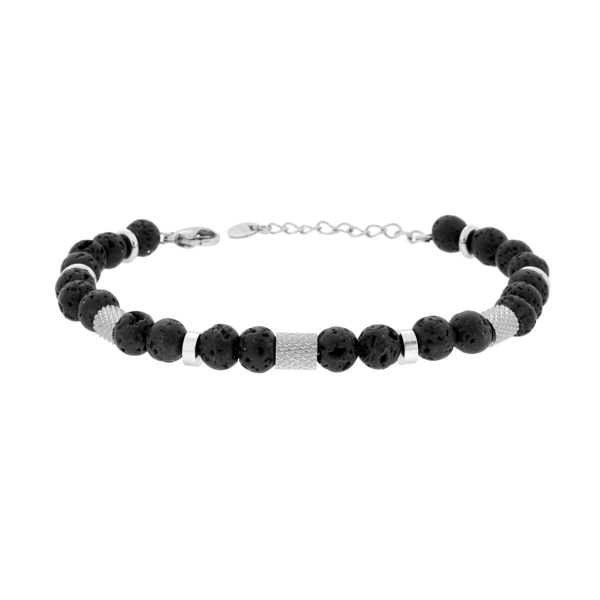 Bracciale Catena con Pietra lavica Nero e Accessori in ACCIAIO<BR>