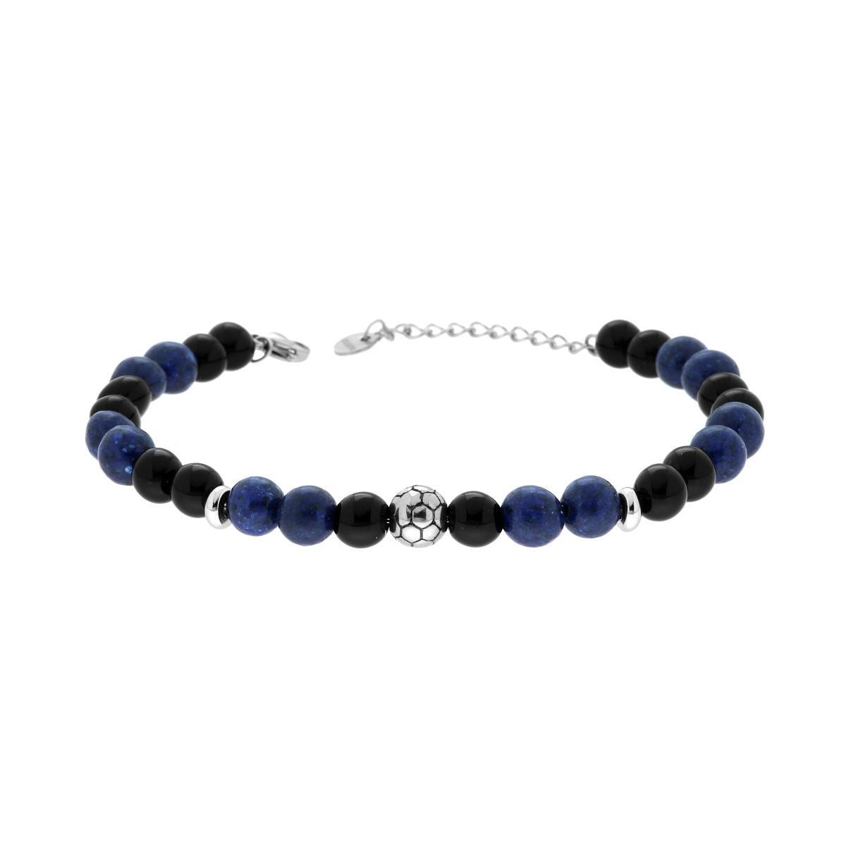 Bracciale Catena con Pietre Nero Onice e Blu Lapislazzuli con Palla da Calcio in ACCIAIO<BR>