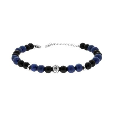Bracciale Catena con Pietre Nero Onice e Blu Lapislazzuli con Palla da Calcio in ACCIAIO<BR>