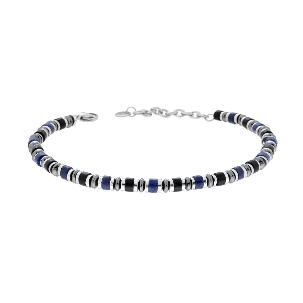 Bracciale Catena con Anelli e Cilindretti Pietre Blu Lapislazzuli e Nero Onice in ACCIAIO<BR>