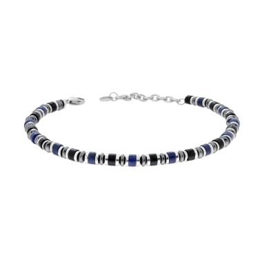 Bracciale Catena con Anelli e Cilindretti Pietre Blu Lapislazzuli e Nero Onice in ACCIAIO