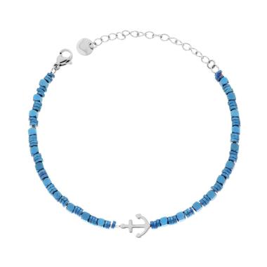 Bracciale Catena Anelli e Cubetti Blu con Ancora in ACCIAIO