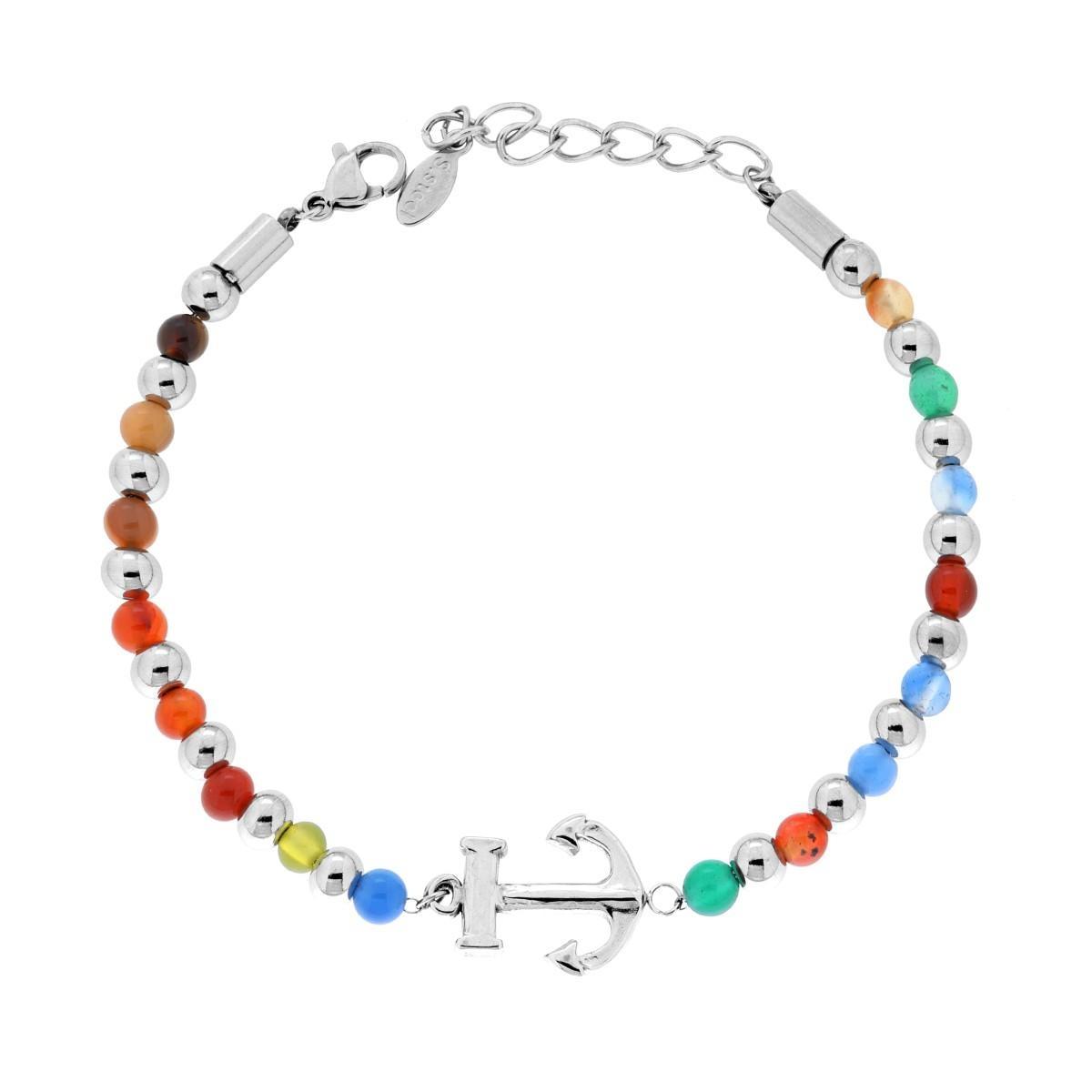 Bracciale Catena con Palline alternate a Pietre Multicolor e Ancora centrale in ACCIAIO<BR>