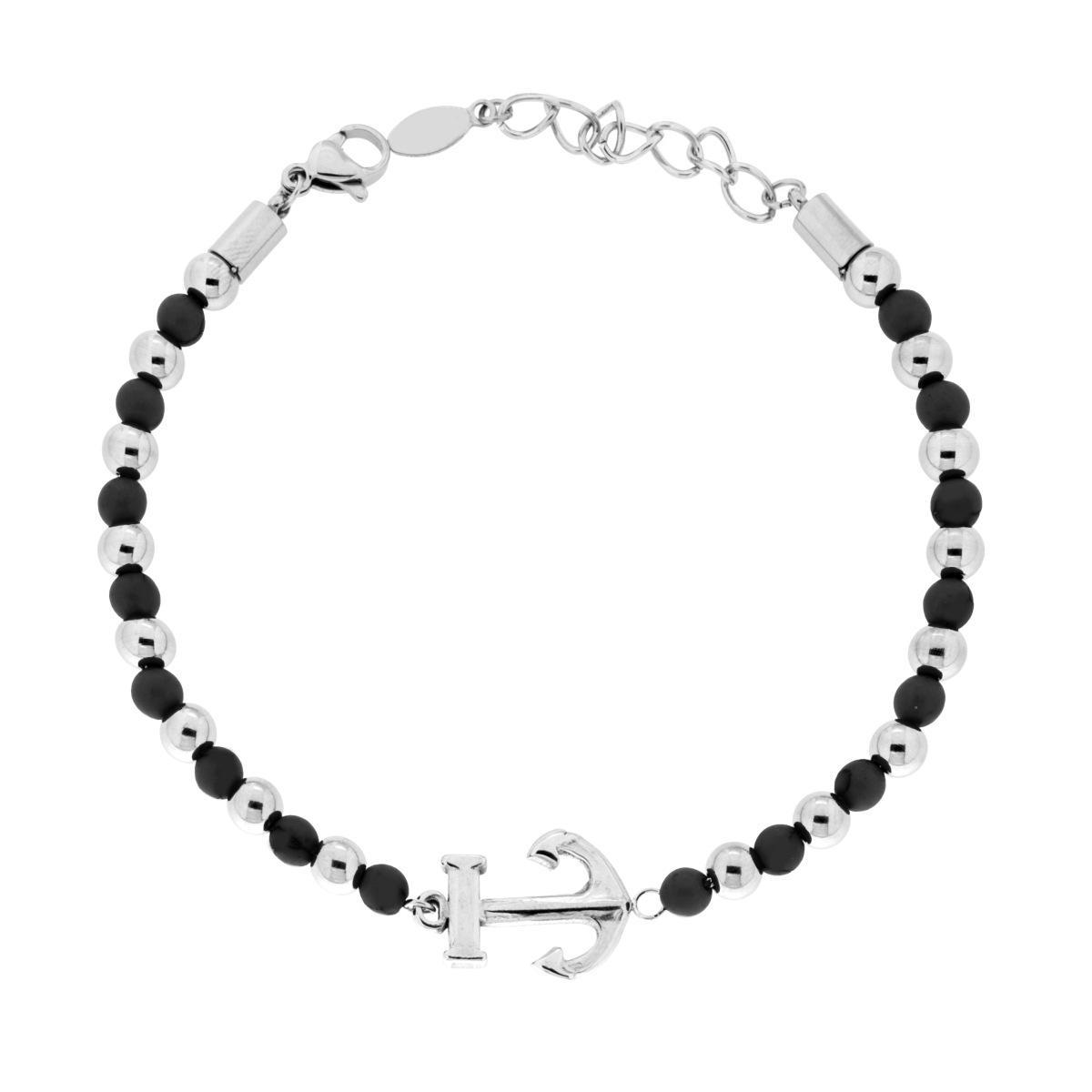 Bracciale Catena con Palline alternate a Pietre colore Nero e Ancora centrale in ACCIAIO<BR>