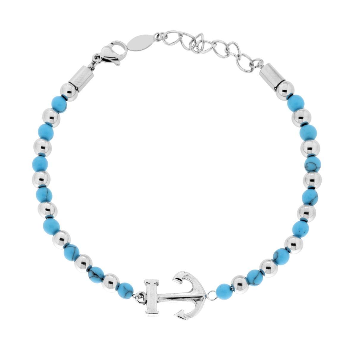 Bracciale Catena con Palline alternate a Pietre colore Turchese e Ancora centrale in ACCIAIO<BR>