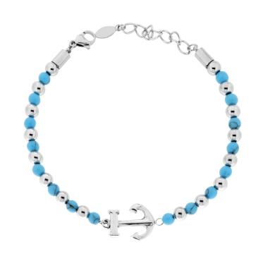 Bracciale Catena con Palline alternate a Pietre colore Turchese e Ancora centrale in ACCIAIO<BR>
