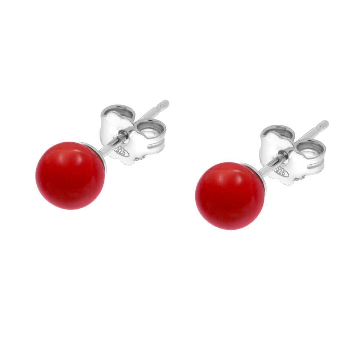 Orecchini Perla mm 6 Corallo in ARGENTO 925 Galvanica Rodio<BR>