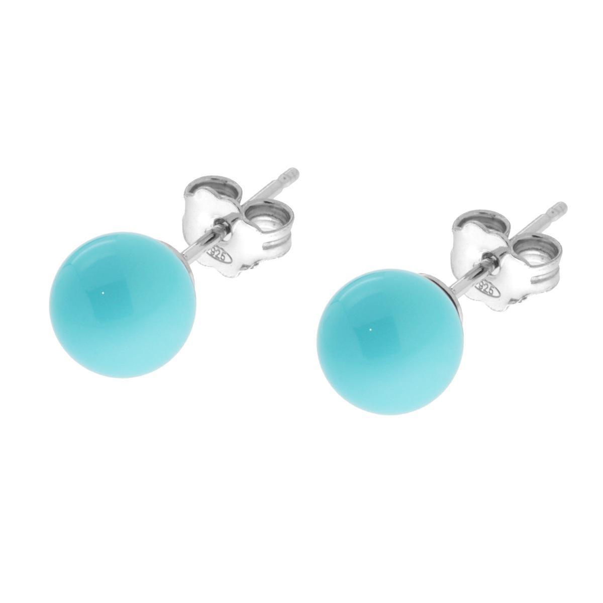 Orecchini Perla mm 8 Turchese in ARGENTO 925 Galvanica Rodio<BR>