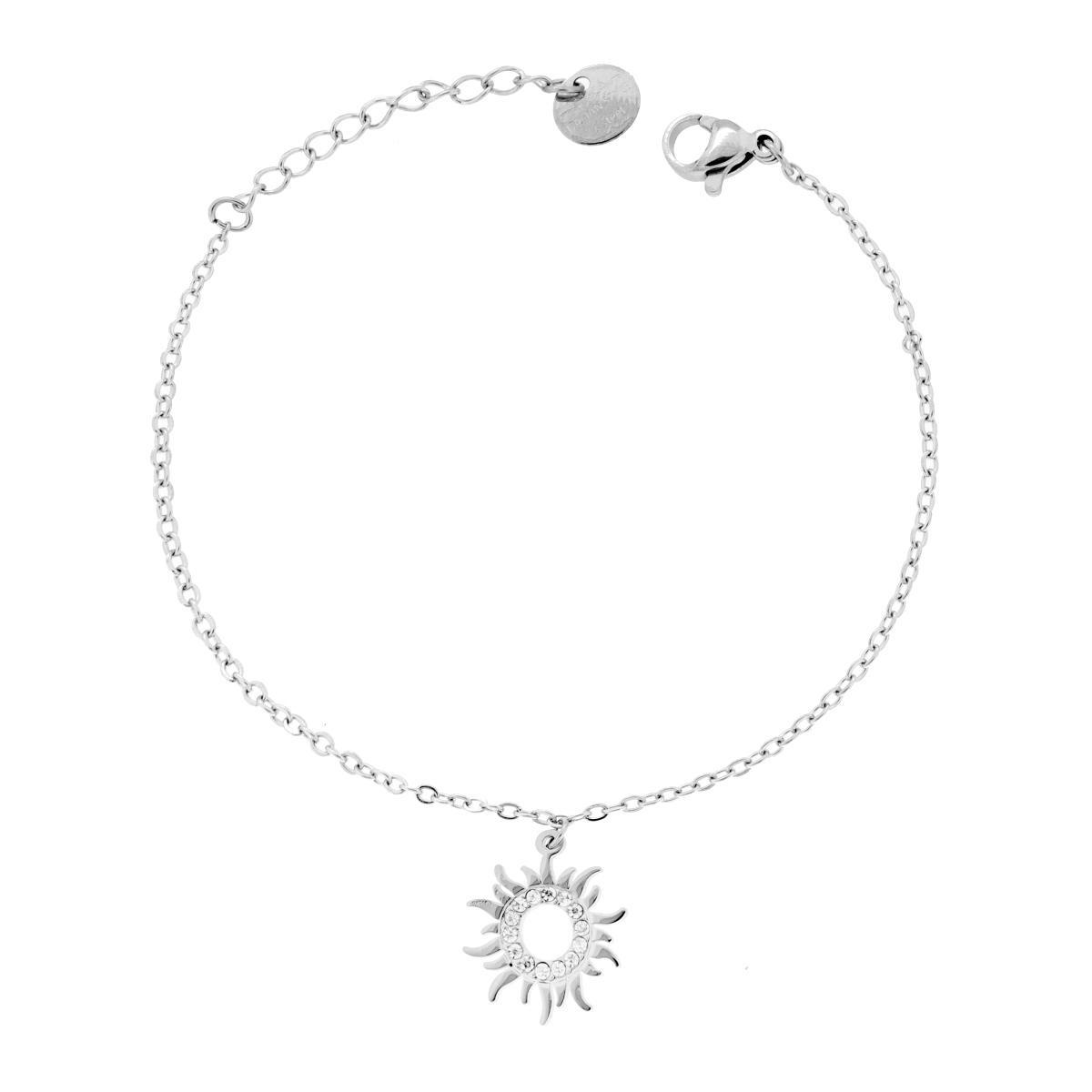 Bracciale Catena Forzatina Diamantata con Sole Pendente e Crystal Bianchi in ACCIAIO<BR>