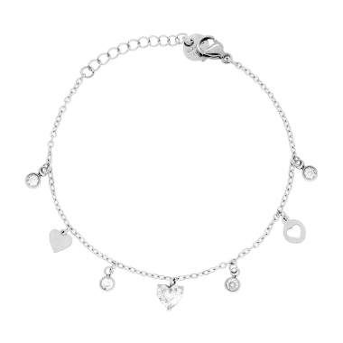 Bracciale Catena Forzatina Diamantata con Cuori pendenti e Crystal Bianchi in ACCIAIO<BR>
