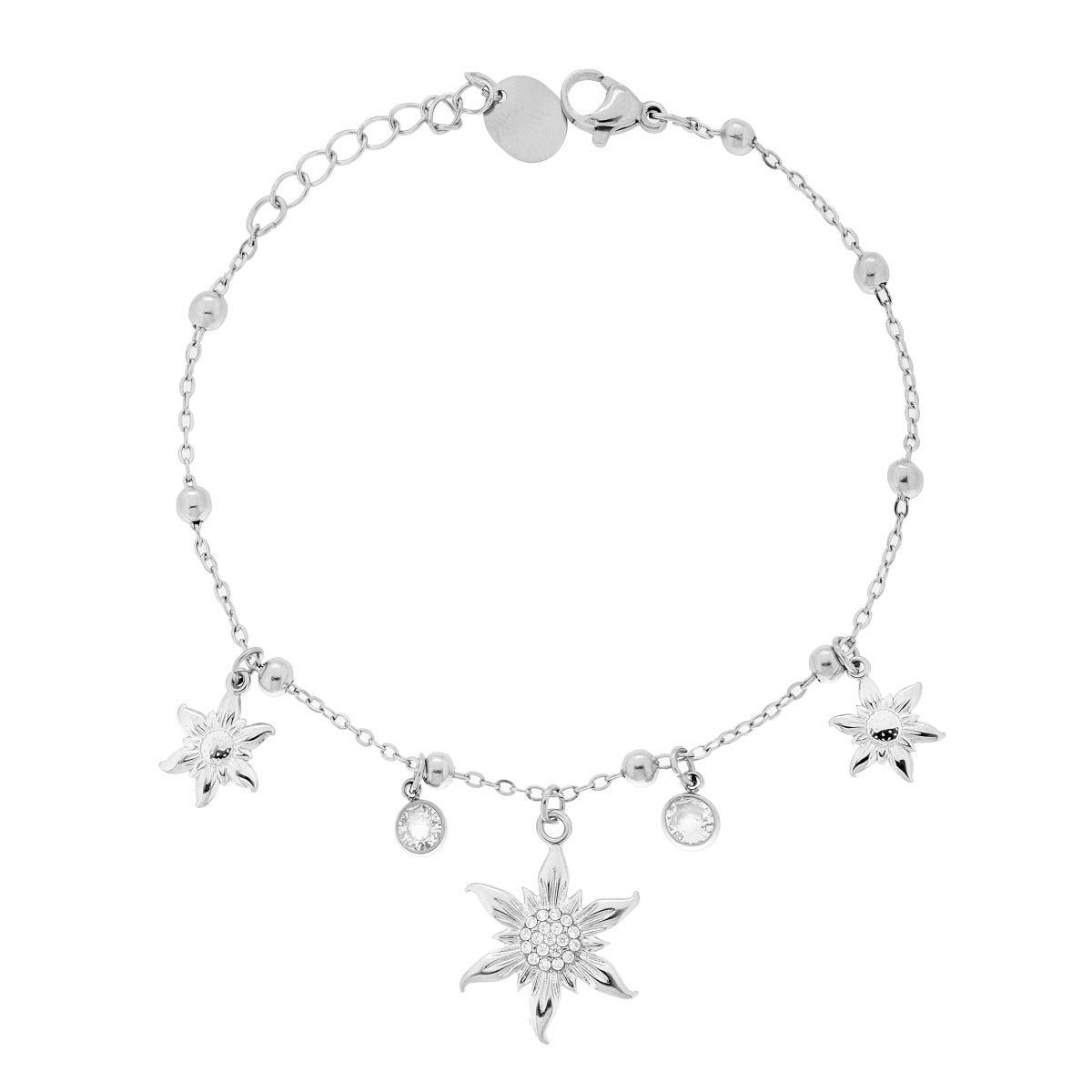 Bracciale Catena Forzatina Diamantata con Soli e Crystal Bianchi pendenti in ACCIAIO