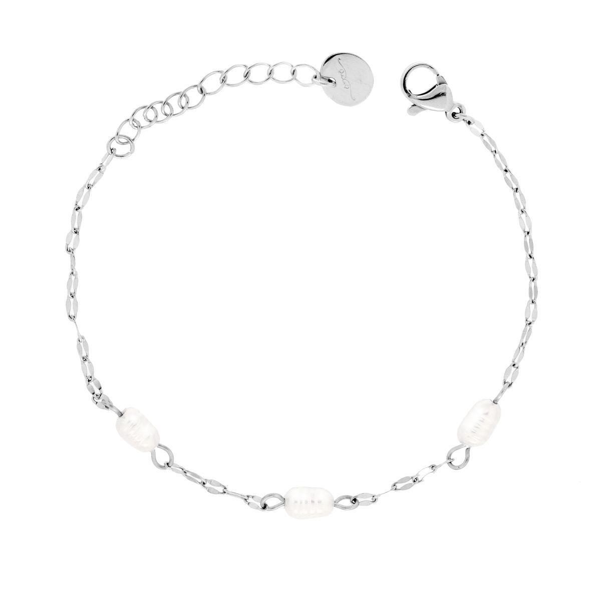 Bracciale Catena Forzatina Piatta con Perle Ovali in ACCIAIO<BR>
