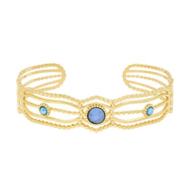 Bracciale Rigido modello Schiava Multifilo con Crystal Blu in ACCIAIO colore Oro<BR>