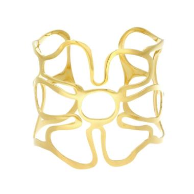 Bracciale Rigido modello Schiava Fascia con Fiore in ACCIAIO colore Oro<BR>