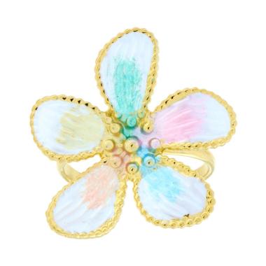 Anello Fiore con Smalto Perlato Multicolor in ACCIAIO colore Oro<BR>