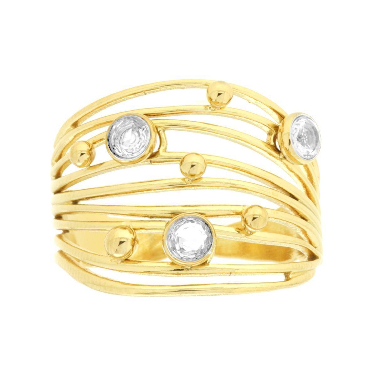 Anello Fascia Multifilo con Crystal Bianchi in ACCIAIO colore Oro<BR>
