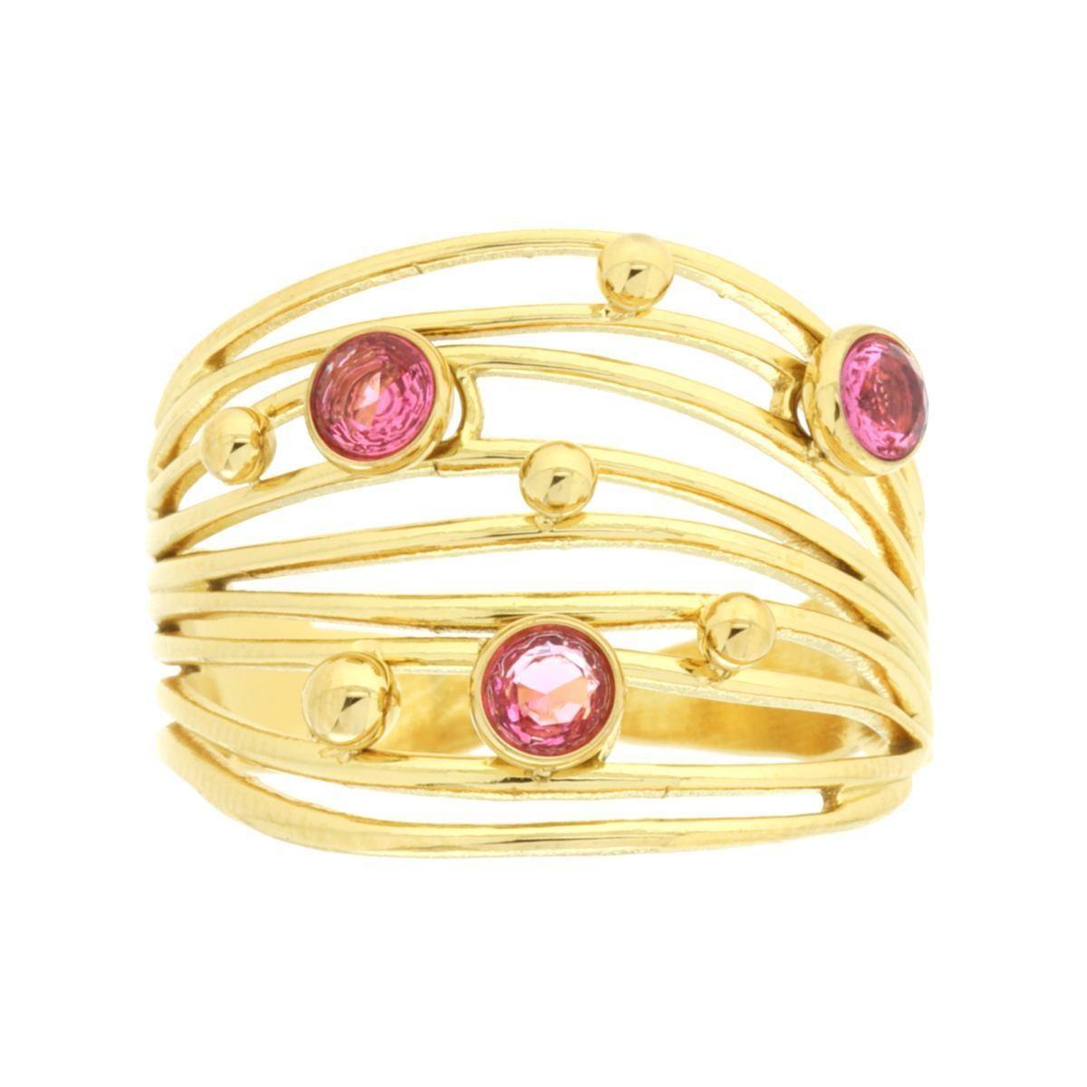 Anello Fascia Multifilo con Crystal Rosa in ACCIAIO colore Oro<BR>