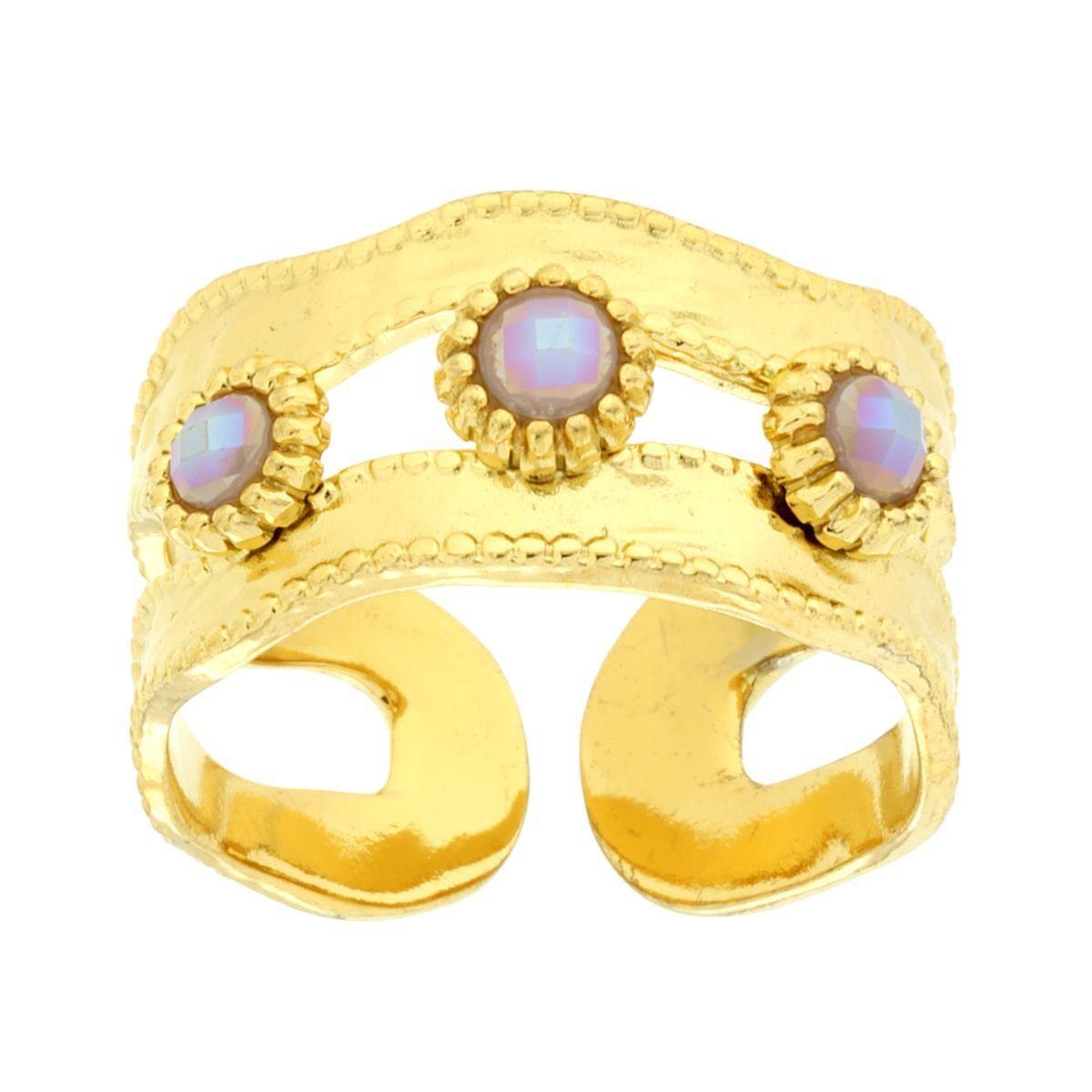 Anello Fascia Martellata con Crystal colore Rosa Perlato in ACCIAIO colore Oro<BR>