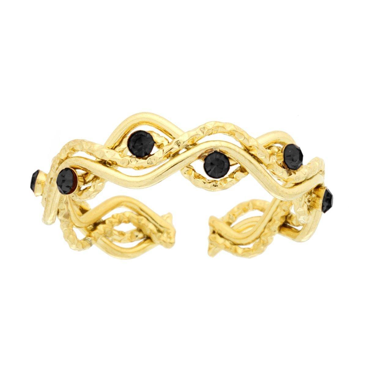 Anello Fili Ondulati con Crystal Neri in ACCIAIO colore Oro<BR>