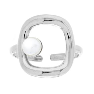 Anello con Rettangolo e Perla Bianca in ACCIAIO
