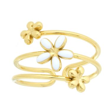 Anello Multifilo con Fiori e Smalto Bianco in ACCIAIO colore Oro<BR>