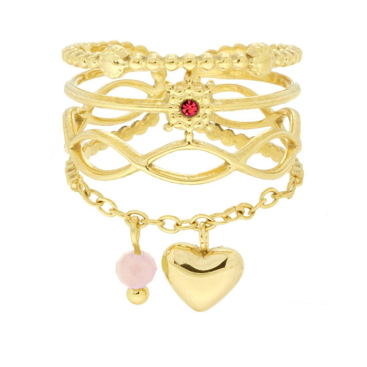 Anello Fascia Multifilo con Crystal Rosso e Catena con Cuore bombato pendente in ACCIAIO colore Oro<BR>