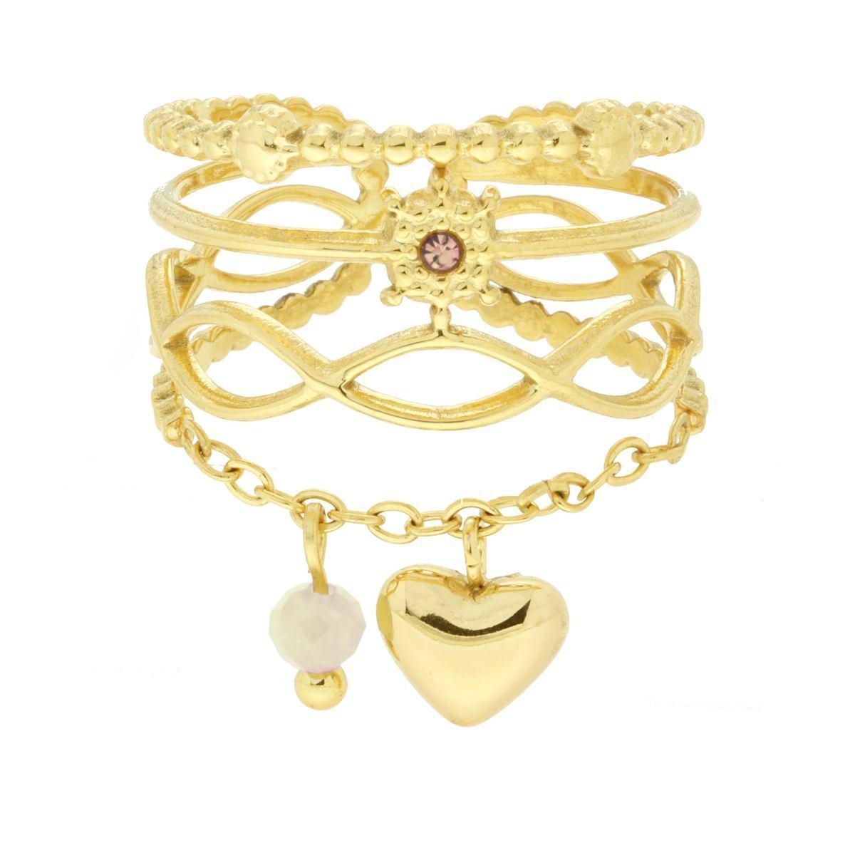 Anello Fascia Multifilo con Crystal Champagne e Catena con Cuore bombato pendente in ACCIAIO colore Oro<BR>