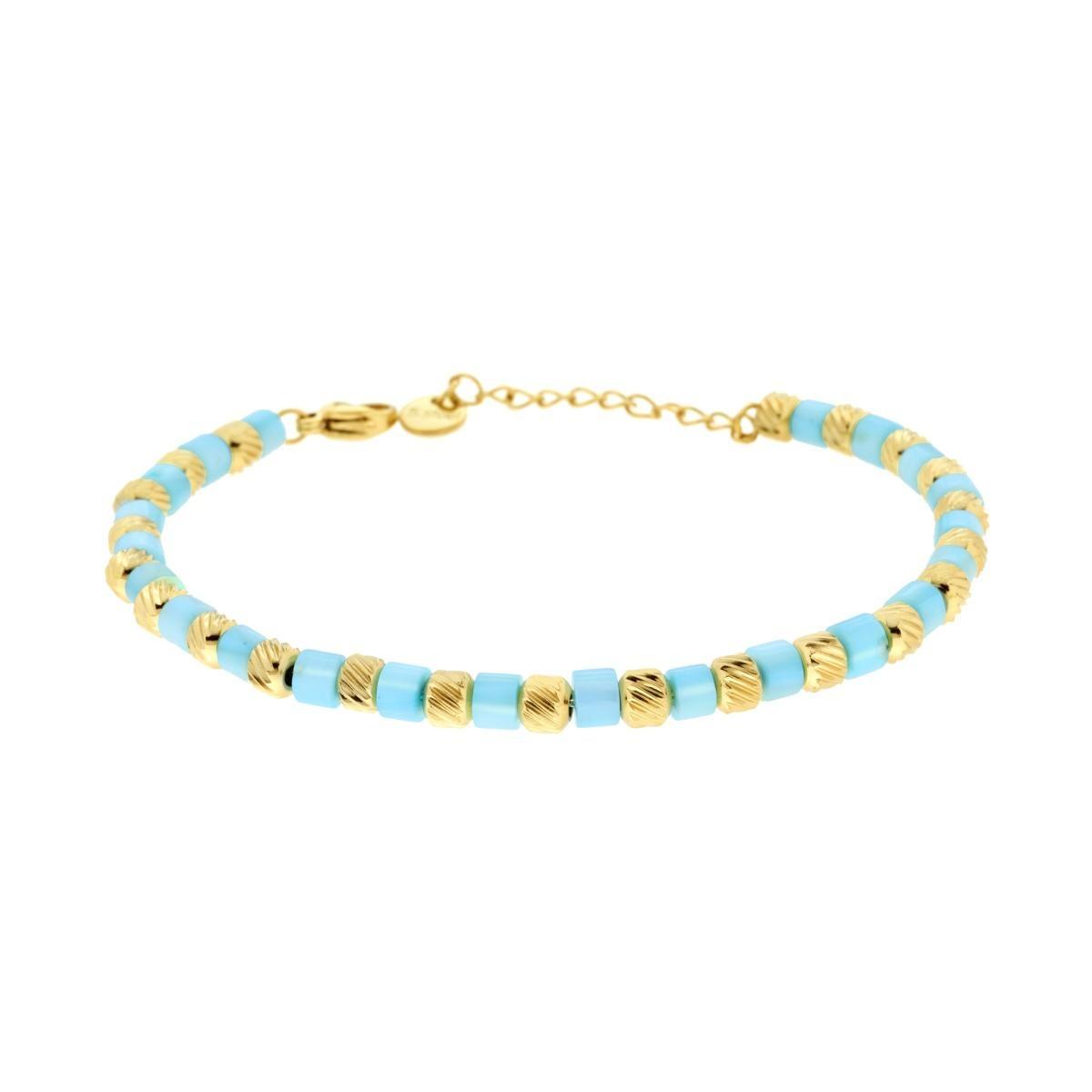 Bracciale Catena con Cilindretti Diamantati e Pietre Perlate colore Azzurro in ACCIAIO colore Oro<BR>
