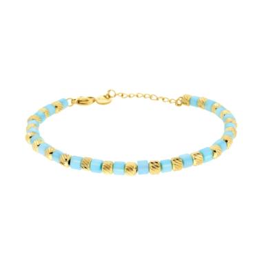 Bracciale Catena con Cilindretti Diamantati e Pietre Perlate colore Azzurro in ACCIAIO colore Oro