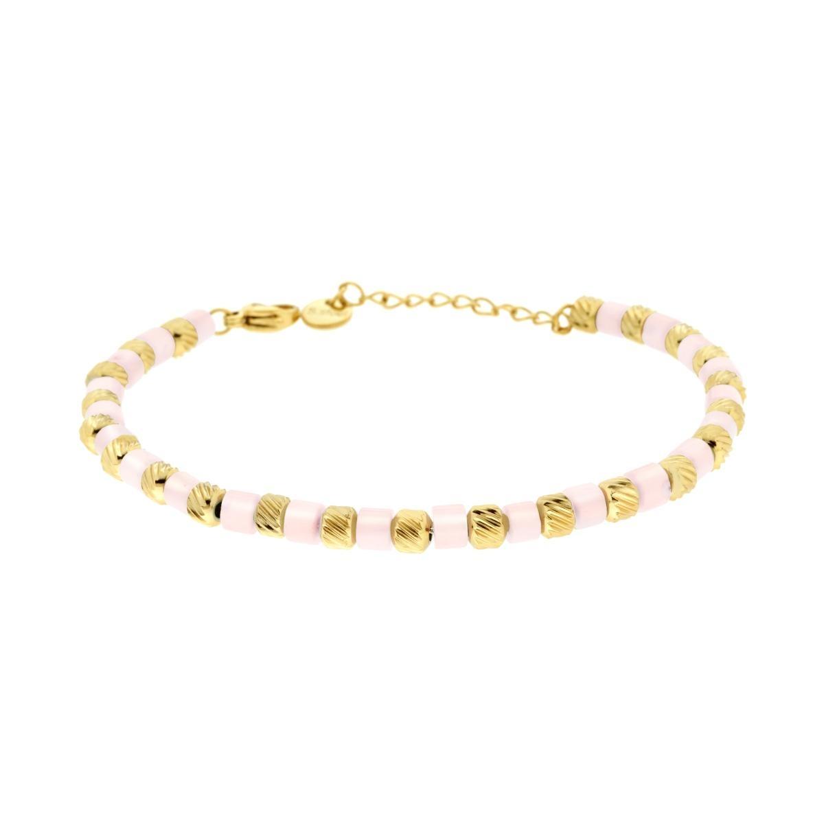 Bracciale Catena con Cilindretti Diamantati e Pietre Perlate colore Rosa in ACCIAIO colore Oro<BR>