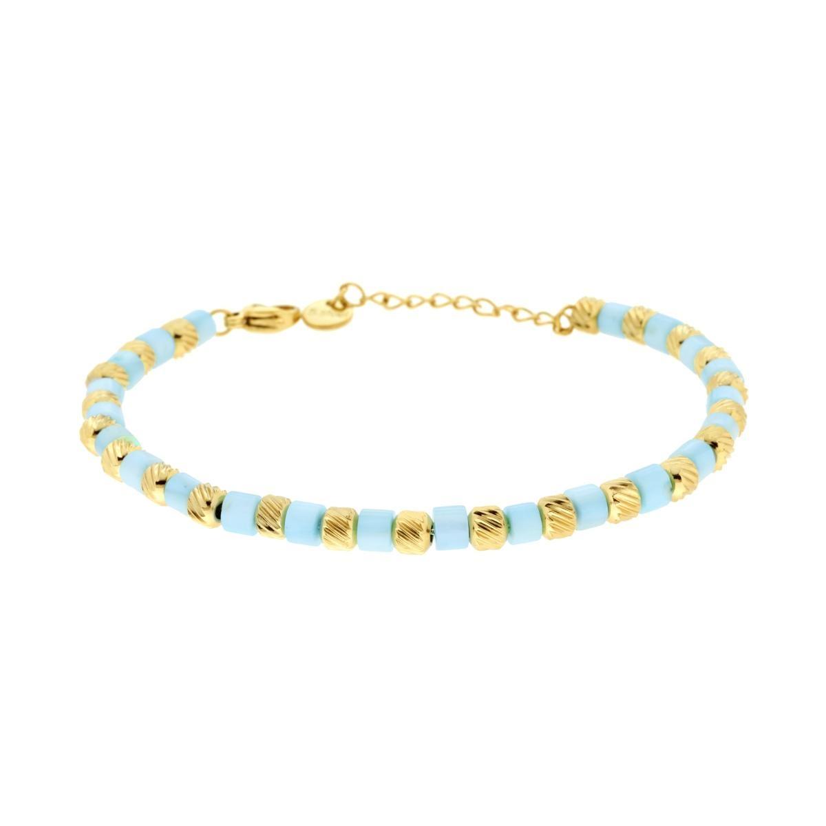 Bracciale Catena con Cilindretti Diamantati e Pietre Perlate colore Turchese in ACCIAIO colore Oro<BR>