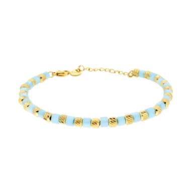 Bracciale Catena con Cilindretti Diamantati e Pietre Perlate colore Turchese in ACCIAIO colore Oro