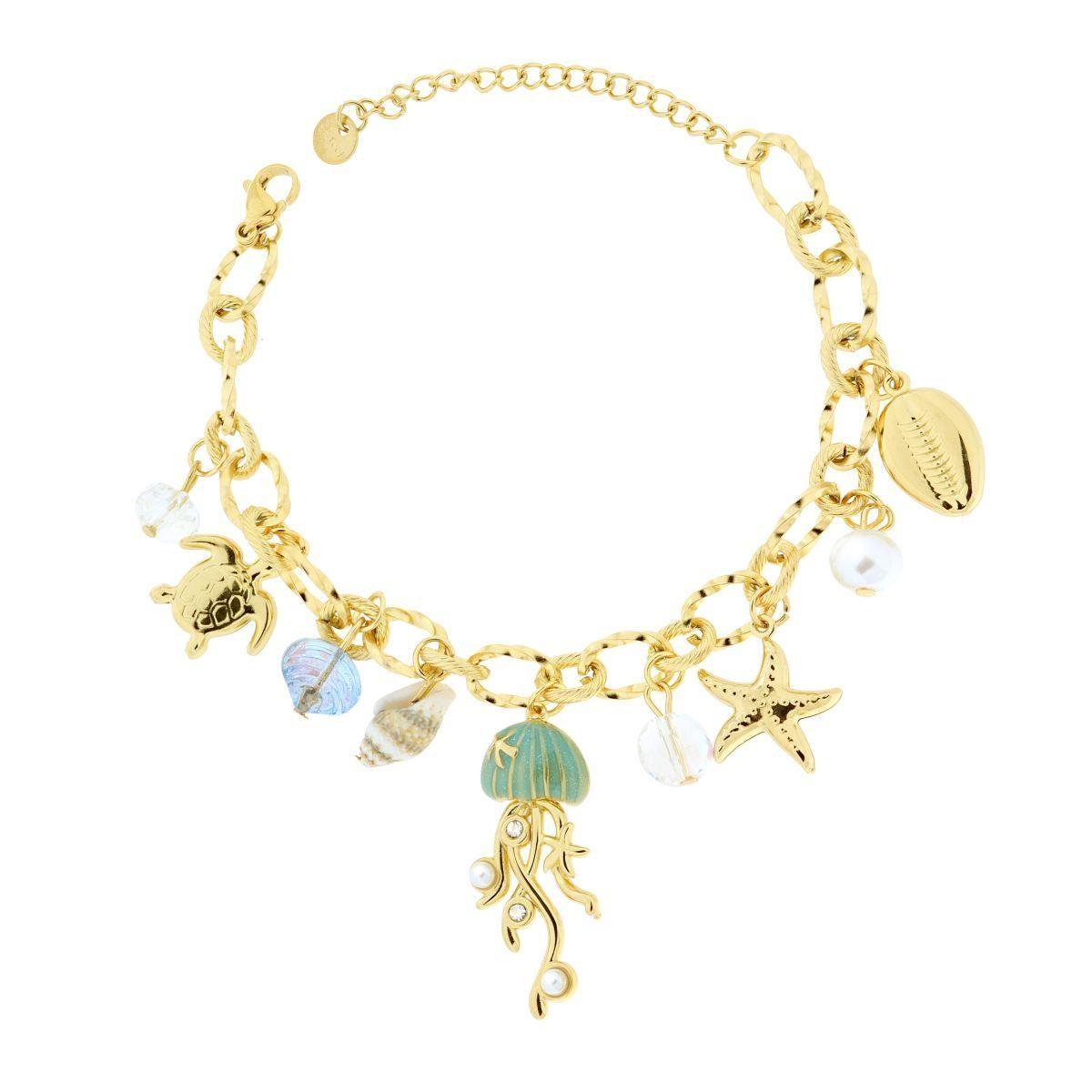 Bracciale Catena Forzatina con Charms Mare pendenti in ACCIAIO colore Oro<BR>